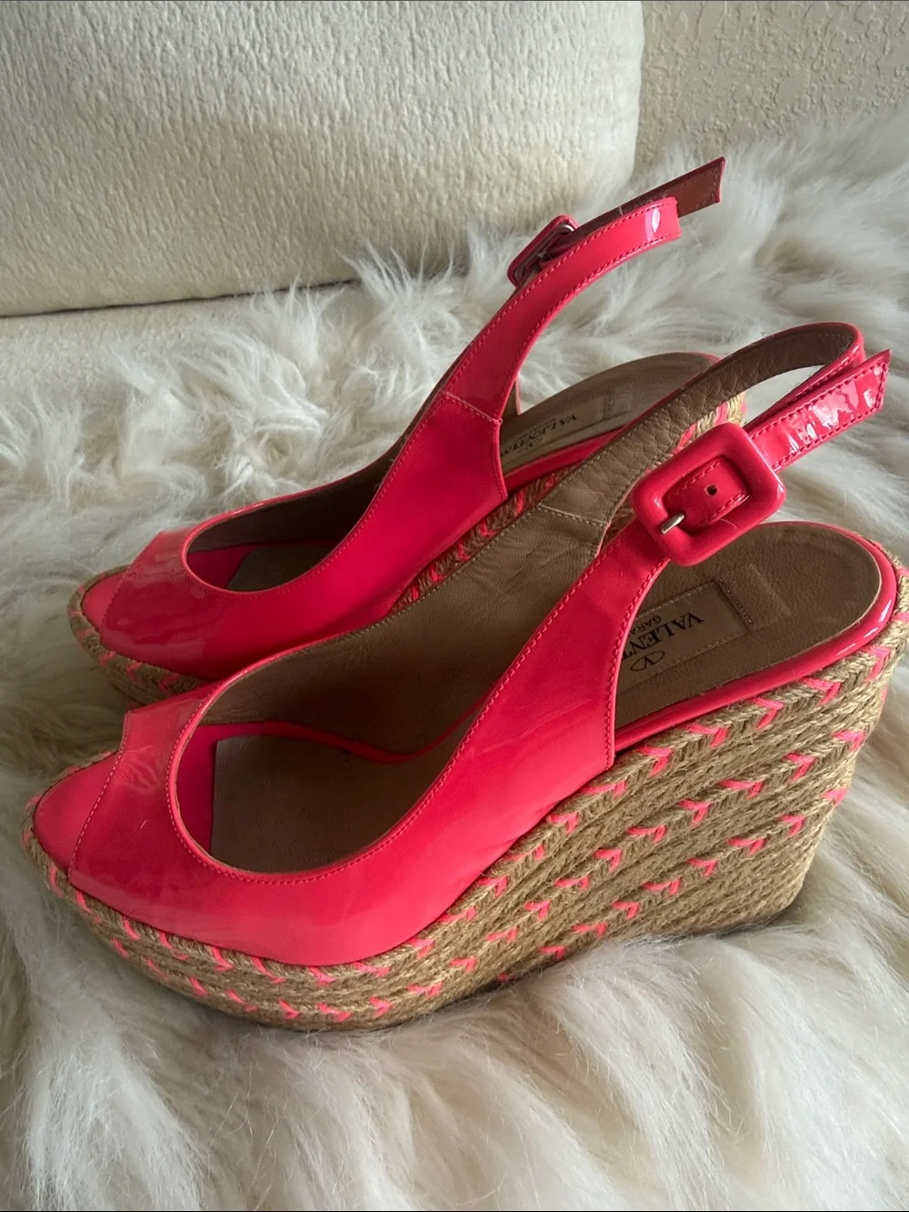 Valentino Hot Pink Patent Leather Espadrille Wedge Slingbacks